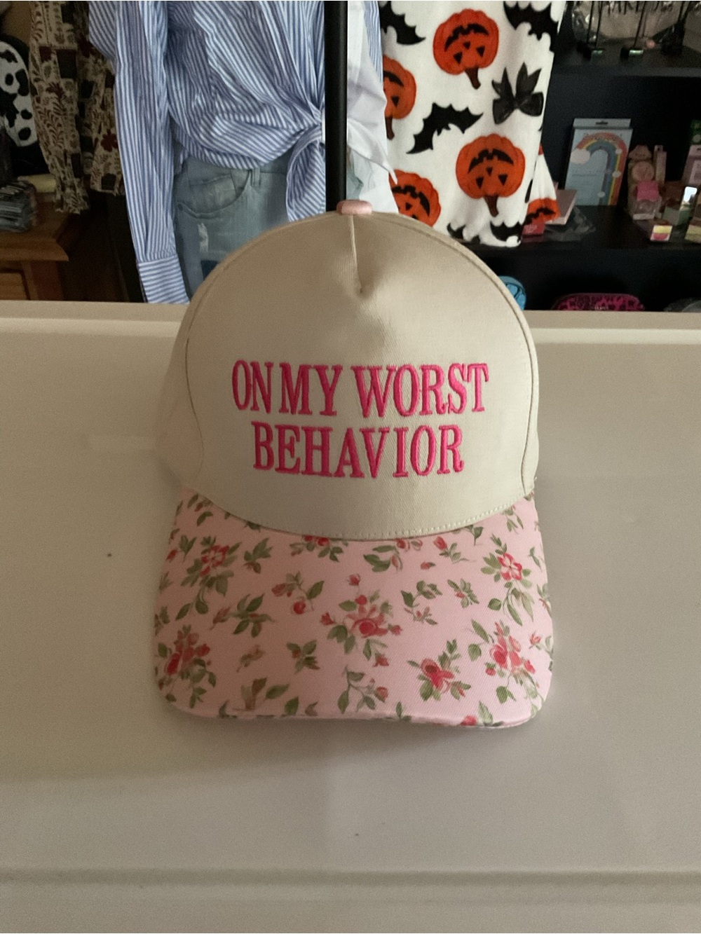 On My Worst Behavior Floral Baseball Cap - Pink & Cream